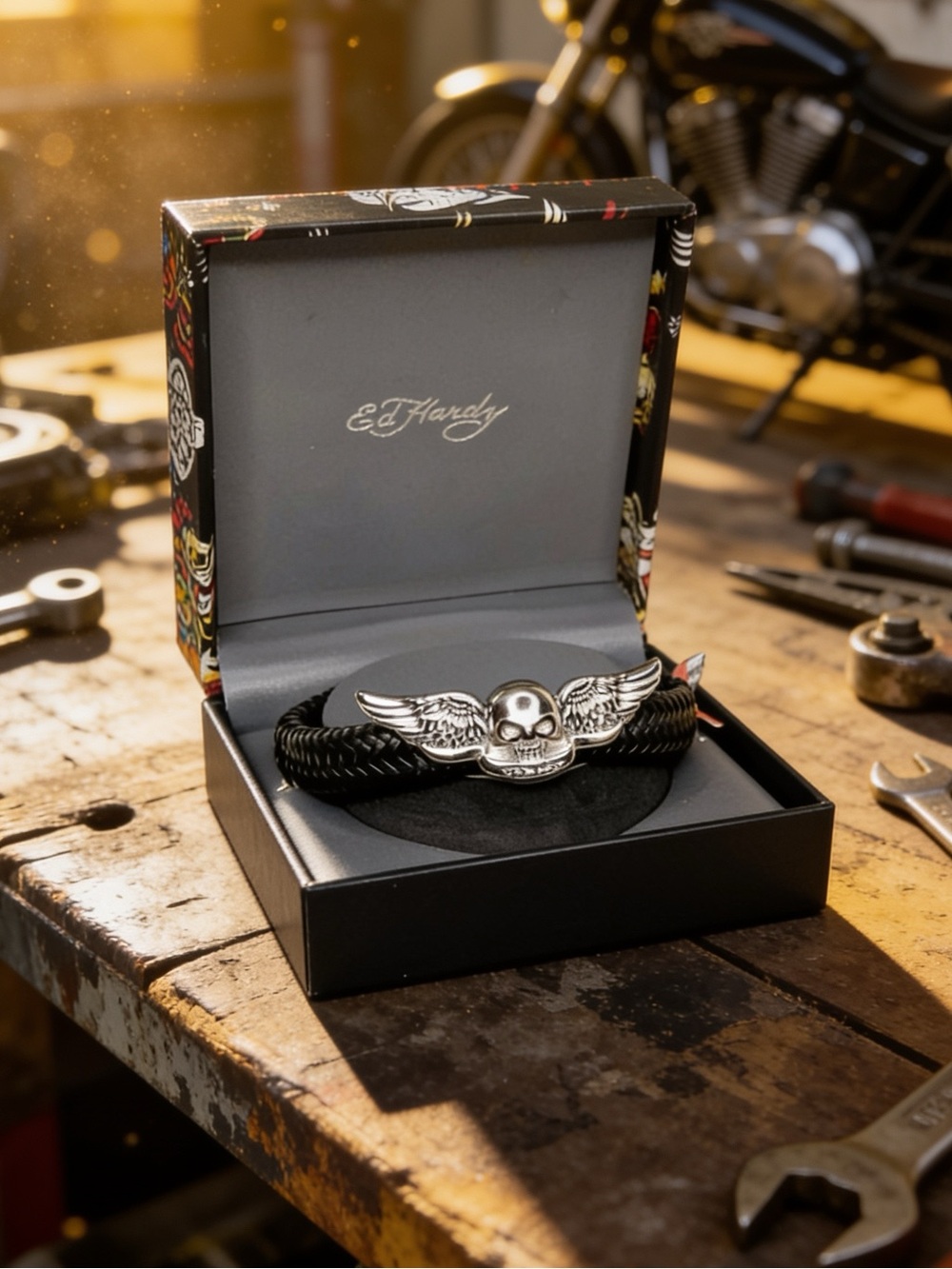Ed Hardy Stainless Steel Silver Skull With Wings Black Leather Bracelet 8.5" New